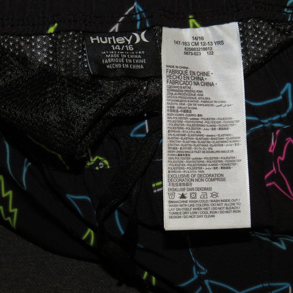 Hurley Black Multi Shark Print Swim Trunks, NEW, Size 14-16, 27"-36" Waist - Picture 5 of 6